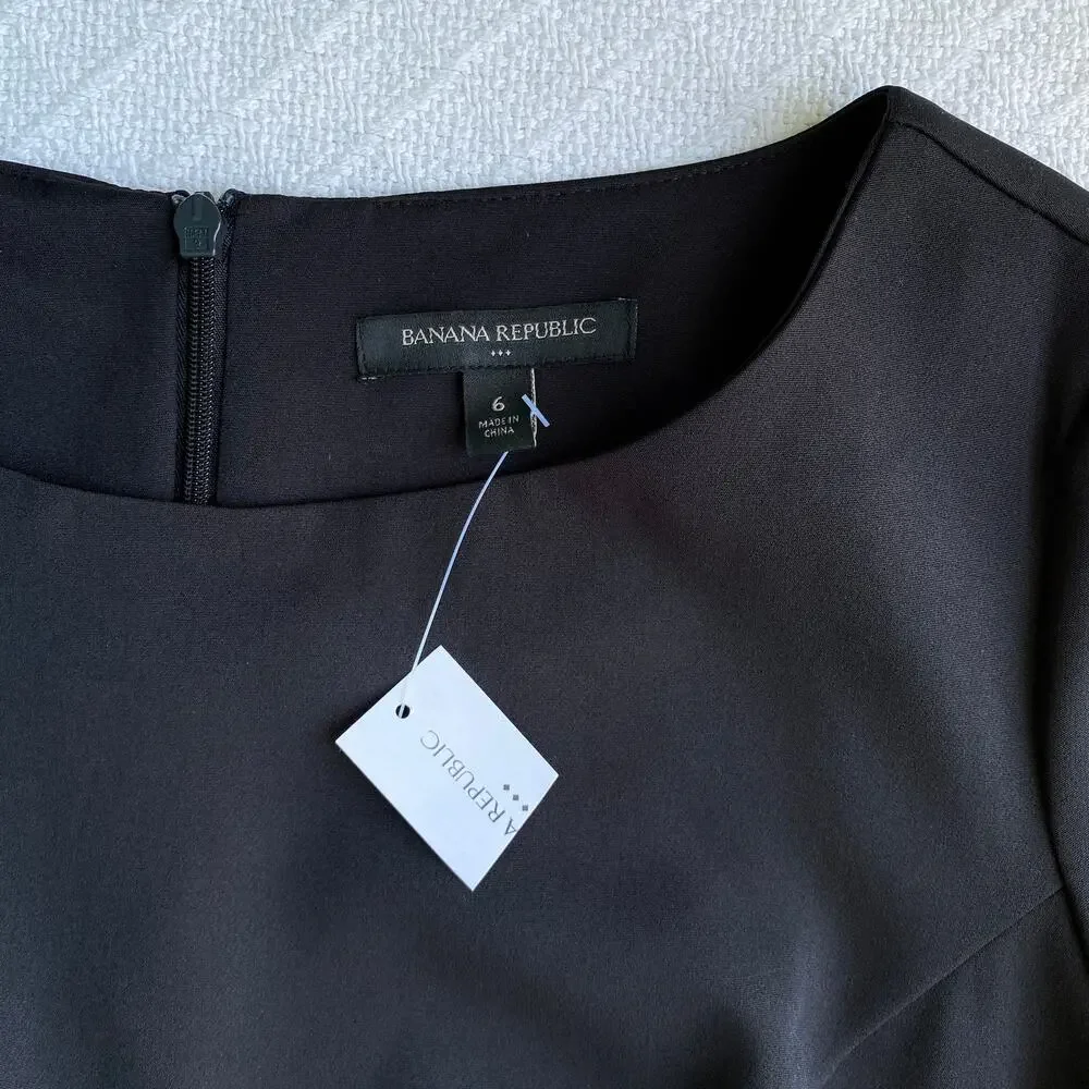 NWT Banana Republic Black Shift Mini Dress 3/4 Sleeves Pleated Cuff Size‎ 6